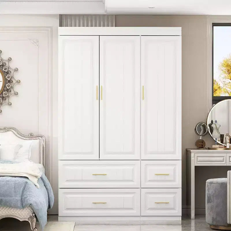 Hitow White Armoire Modern Minimalist Wardrobe Set Lines Pattern Gold Accessories