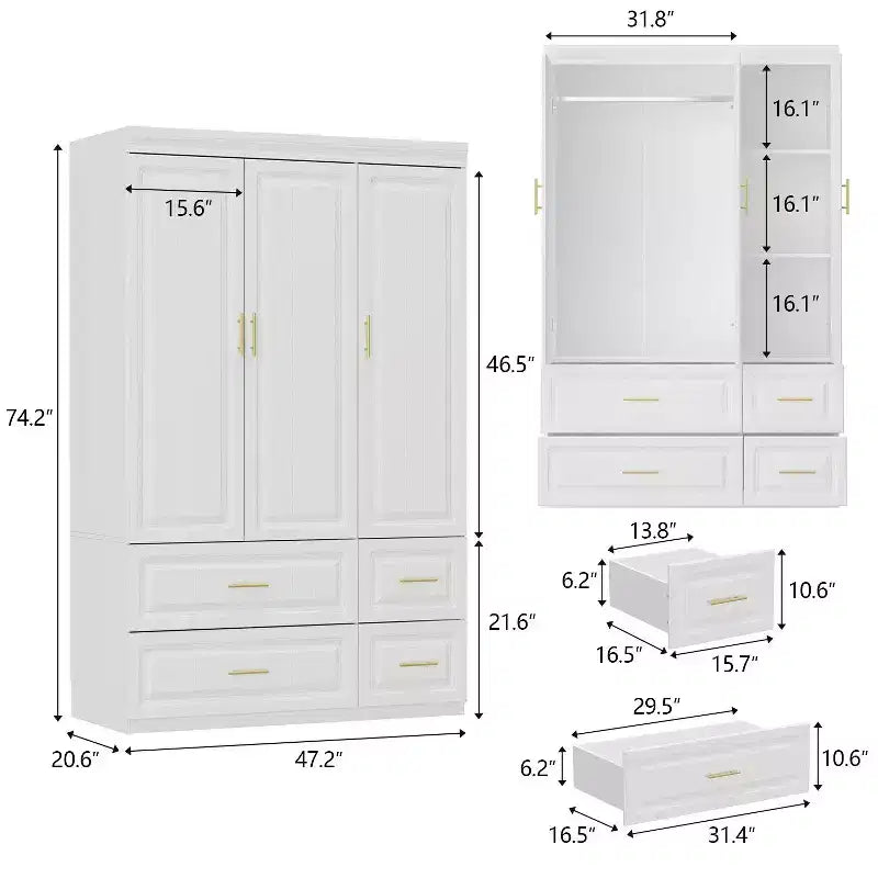 Armoire Blanche avec Tiroirs et Tringle – Penderie Minimaliste Moderne
