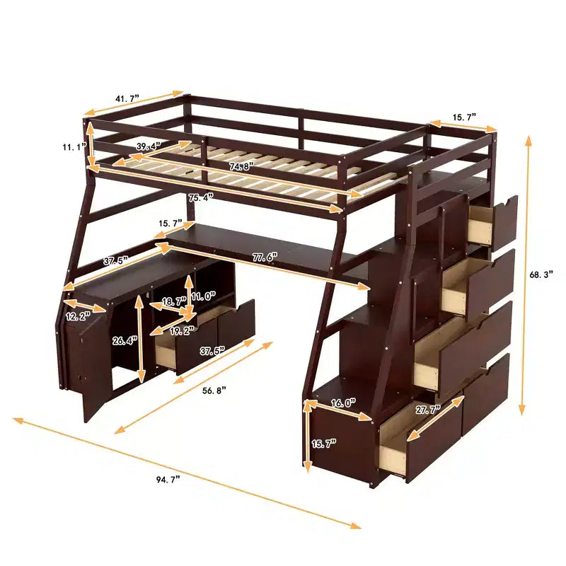 Lit mezzanine une place de 94,7 L x 56,8 l avec 7 tiroirs, 2 étagères et bureau intégré