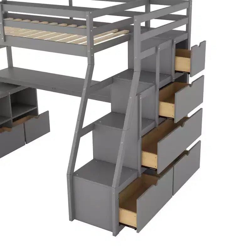 Lit mezzanine une place de 94,7 L x 56,8 l avec 7 tiroirs, 2 étagères et bureau intégré