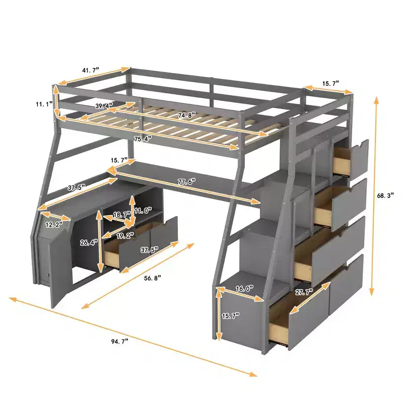 Lit mezzanine une place de 94,7 L x 56,8 l avec 7 tiroirs, 2 étagères et bureau intégré