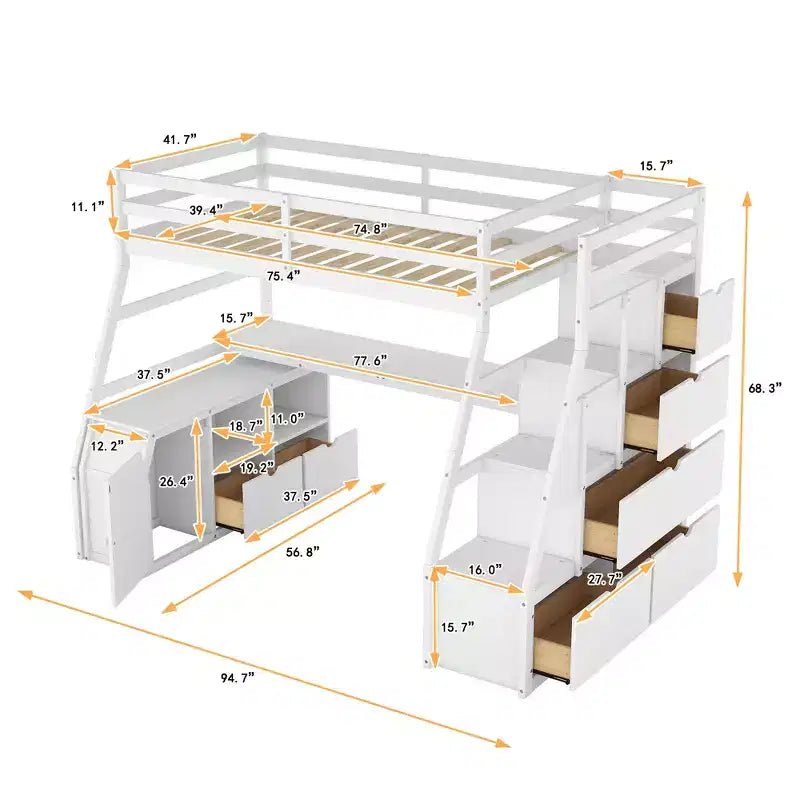 Lit mezzanine une place de 94,7 L x 56,8 l avec 7 tiroirs, 2 étagères et bureau intégré