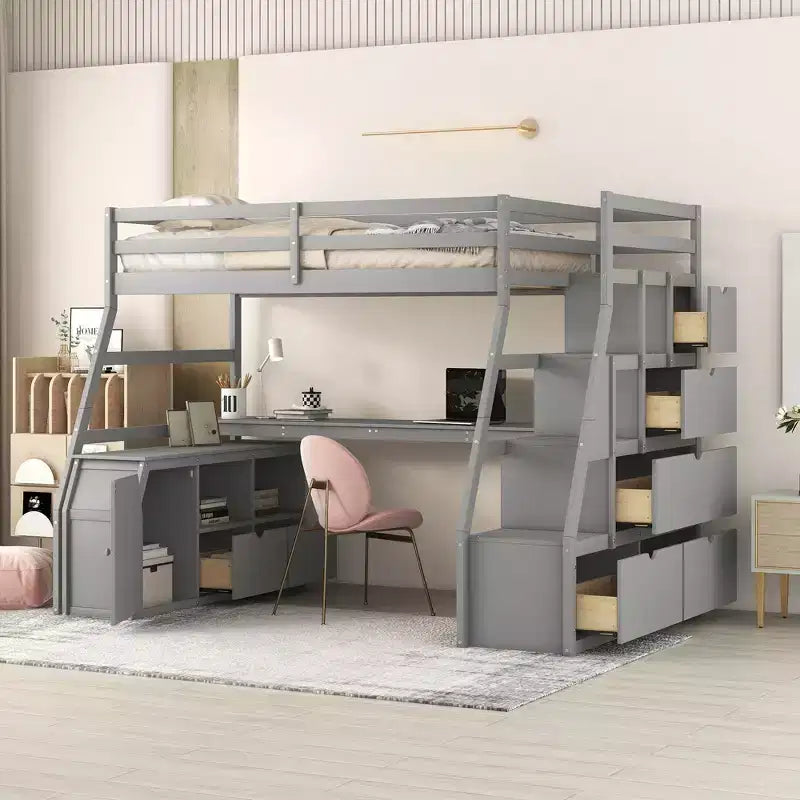Lit mezzanine une place de 94,7 L x 56,8 l avec 7 tiroirs, 2 étagères et bureau intégré