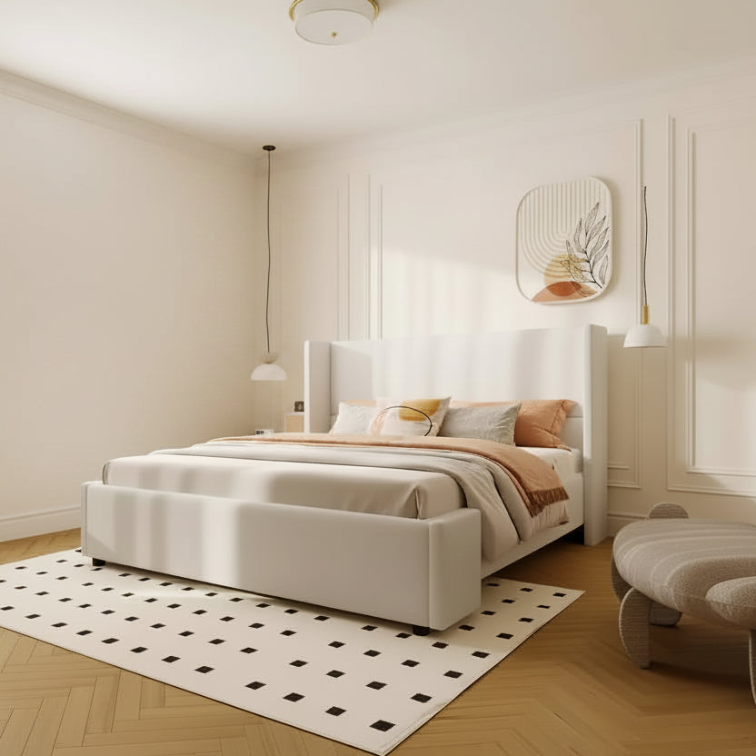Lit capitonné moderne avec tête de lit haute, blanc