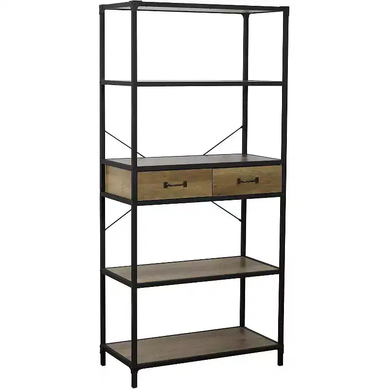 eHemco 5 Tier Rustic Design Bookcase with 2 Drawers, 68.5 Inches, Black Base
