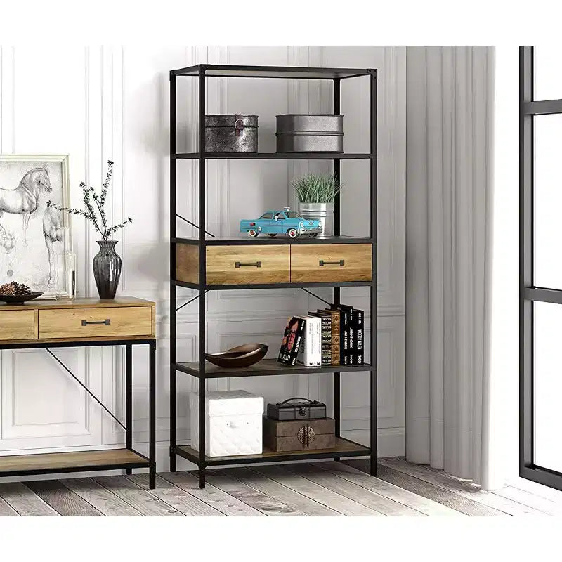 Étagère industrielle à 5 niveaux avec 2 tiroirs, 174 cm, cadre en métal noir