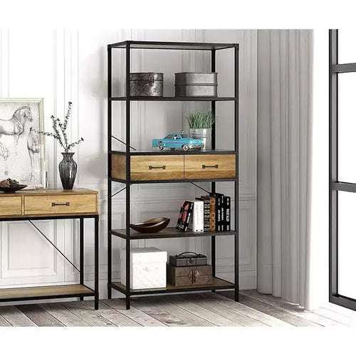 Étagère industrielle à 5 niveaux avec 2 tiroirs, 174 cm, cadre en métal noir