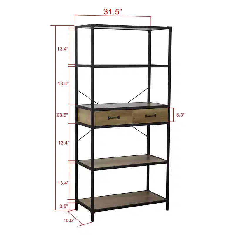 Étagère industrielle à 5 niveaux avec 2 tiroirs, 174 cm, cadre en métal noir