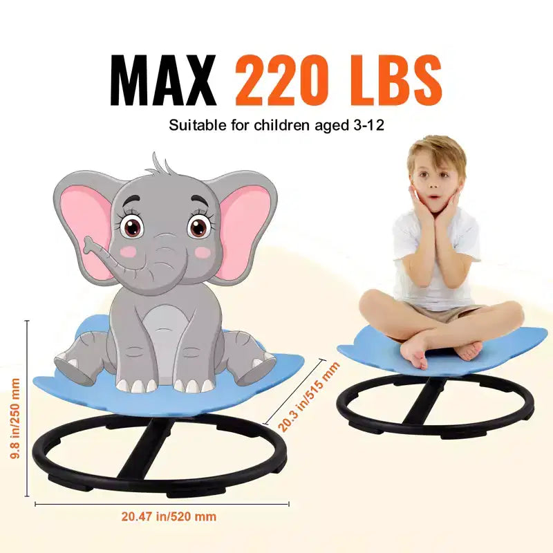 Fauteuil pivotant Enfant Éléphant, capacité de 100 kg, fauteuil pivotant à 360°, fauteuil sensoriel avec base métallique antidérapante, bleu