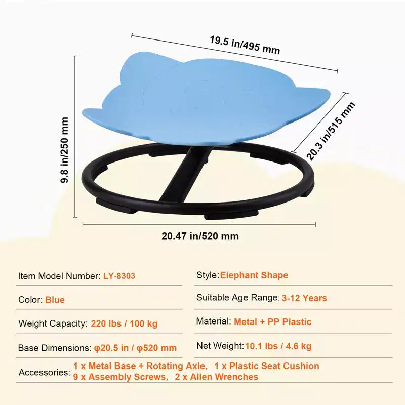 Fauteuil pivotant Enfant Éléphant, capacité de 100 kg, fauteuil pivotant à 360°, fauteuil sensoriel avec base métallique antidérapante, bleu