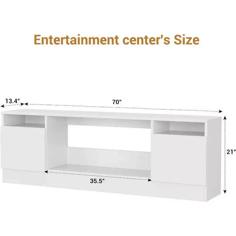 Meuble TV blanc moderne pour salon — Meuble TV jusqu'à 75", rangements avec espace insert cheminée, console de 70 pouces
