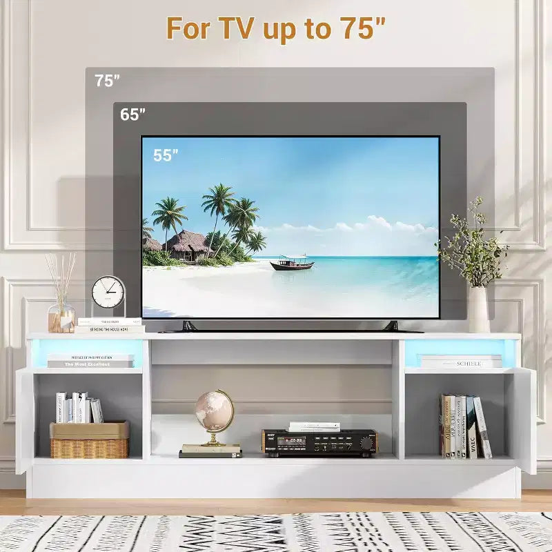 Meuble TV blanc moderne pour salon — Meuble TV jusqu'à 75", rangements avec espace insert cheminée, console de 70 pouces