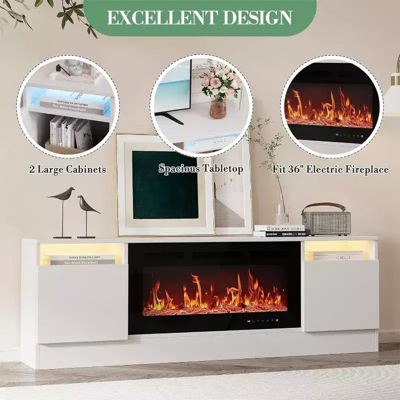 Meuble TV blanc moderne pour salon — Meuble TV jusqu'à 75", rangements avec espace insert cheminée, console de 70 pouces