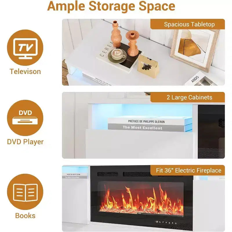 Meuble TV blanc moderne pour salon — Meuble TV jusqu'à 75", rangements avec espace insert cheminée, console de 70 pouces