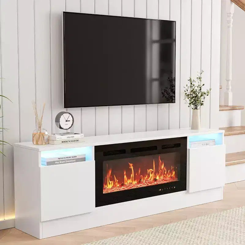 Meuble TV blanc moderne pour salon — Meuble TV jusqu'à 75", rangements avec espace insert cheminée, console de 70 pouces