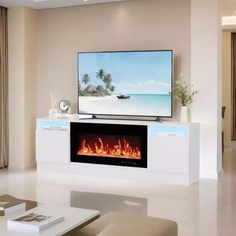Meuble TV blanc moderne pour salon — Meuble TV jusqu'à 75", rangements avec espace insert cheminée, console de 70 pouces