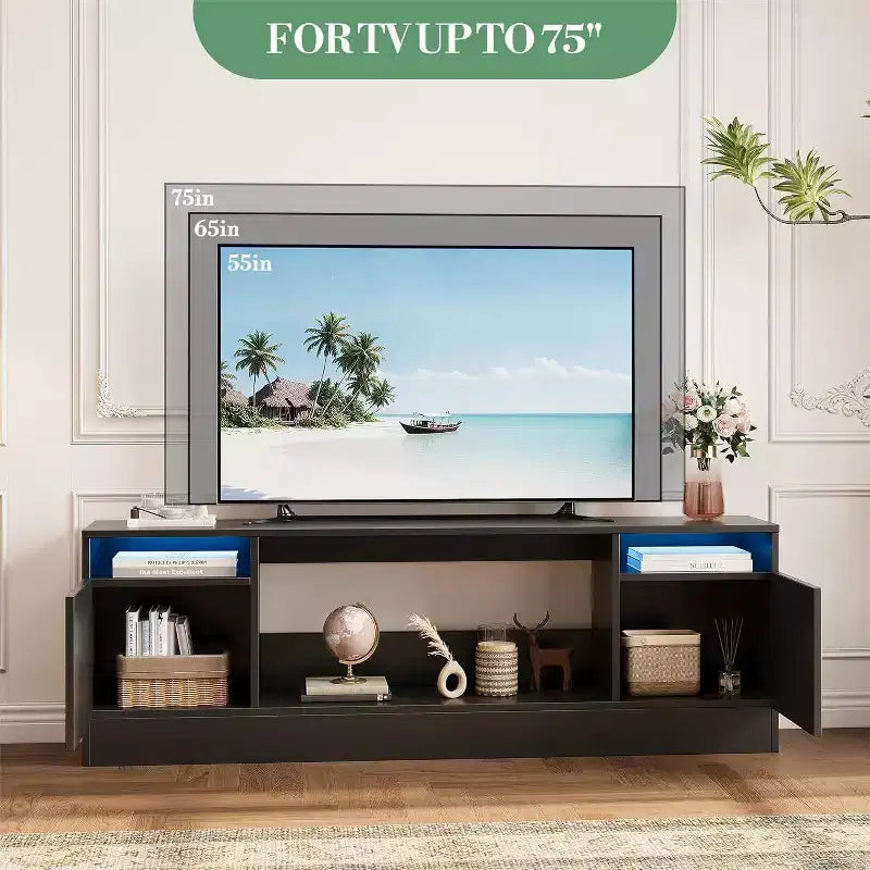 Meuble TV blanc moderne pour salon — Meuble TV jusqu'à 75", rangements avec espace insert cheminée, console de 70 pouces