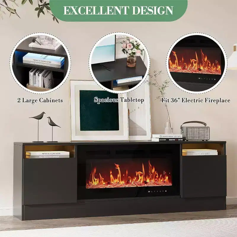 Meuble TV blanc moderne pour salon — Meuble TV jusqu'à 75", rangements avec espace insert cheminée, console de 70 pouces