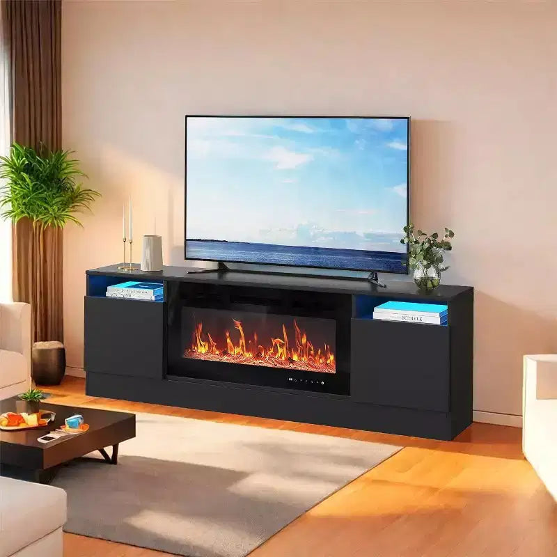 Meuble TV blanc moderne pour salon — Meuble TV jusqu'à 75", rangements avec espace insert cheminée, console de 70 pouces