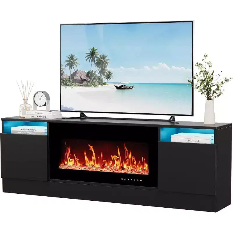 Meuble TV blanc moderne pour salon — Meuble TV jusqu'à 75", rangements avec espace insert cheminée, console de 70 pouces