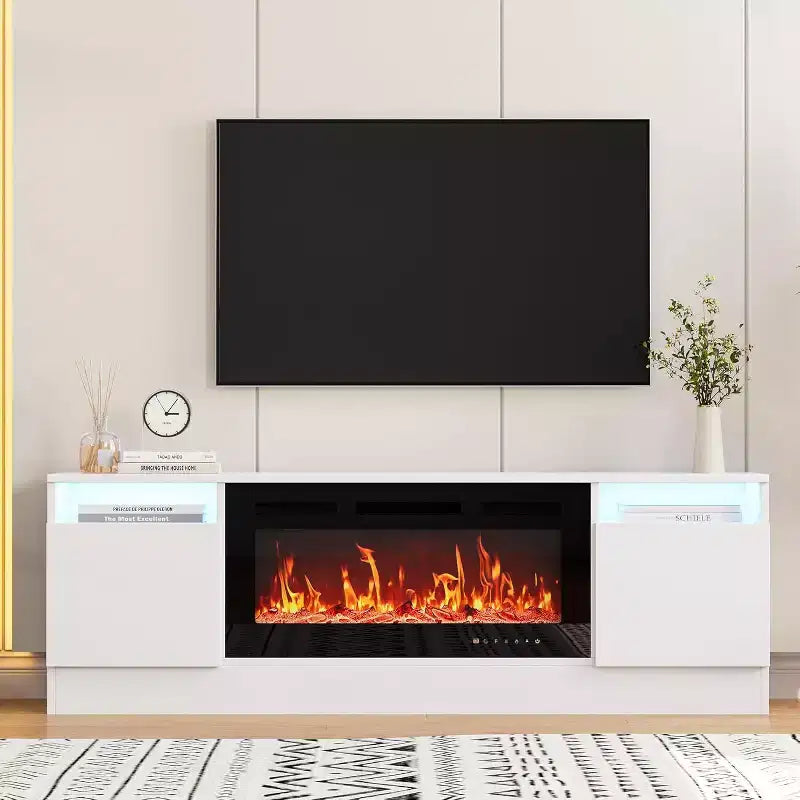 Meuble TV blanc moderne pour salon — Meuble TV jusqu'à 75", rangements avec espace insert cheminée, console de 70 pouces