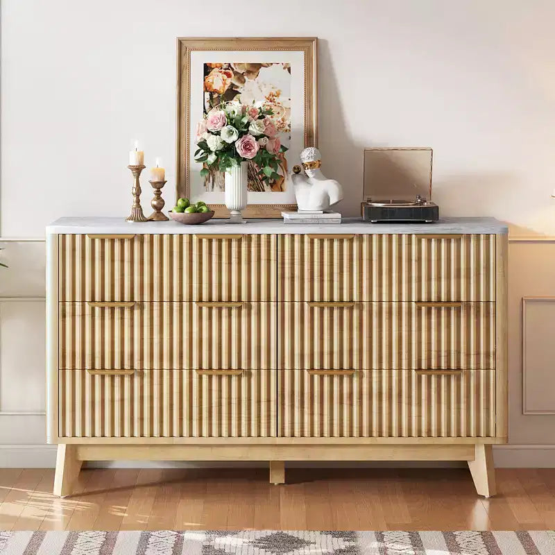 Commode à 6 tiroirs avec plateau imitation marbre, meuble de rangement en bois de 137 cm de large pour chambre à coucher, salon, entrée