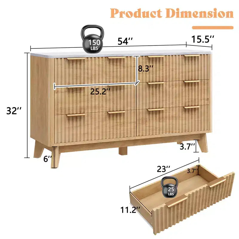 Commode à 6 tiroirs avec plateau imitation marbre, meuble de rangement en bois de 137 cm de large pour chambre à coucher, salon, entrée