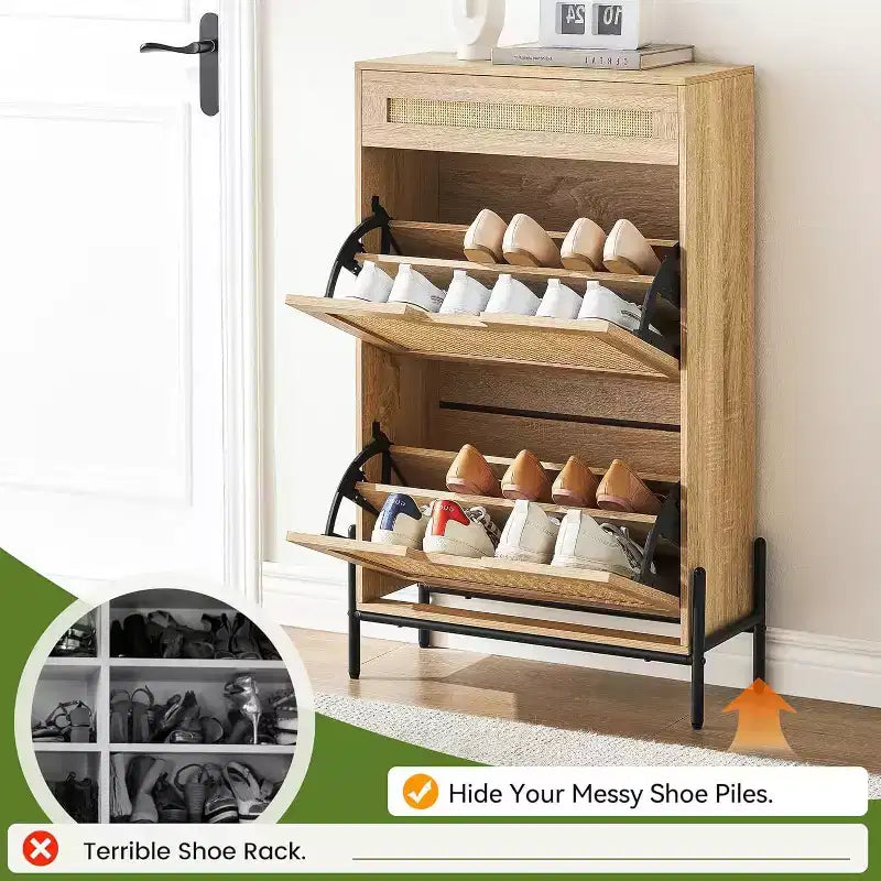 Meuble de rangement en rotin naturel avec 2 tiroirs basculants, étagères réglables et pieds en métal – Meuble à chaussures étroit pour entrée