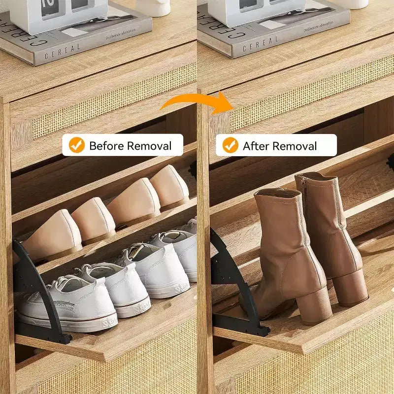 Meuble de rangement en rotin naturel avec 2 tiroirs basculants, étagères réglables et pieds en métal – Meuble à chaussures étroit pour entrée