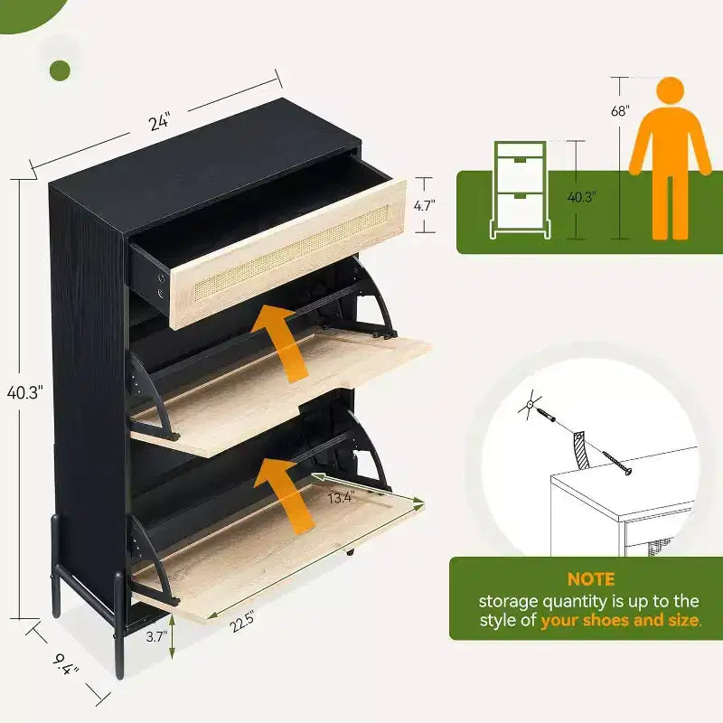 Meuble de rangement en rotin naturel avec 2 tiroirs basculants, étagères réglables et pieds en métal – Meuble à chaussures étroit pour entrée
