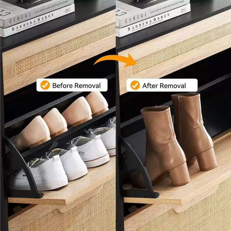 Meuble de rangement en rotin naturel avec 2 tiroirs basculants, étagères réglables et pieds en métal – Meuble à chaussures étroit pour entrée