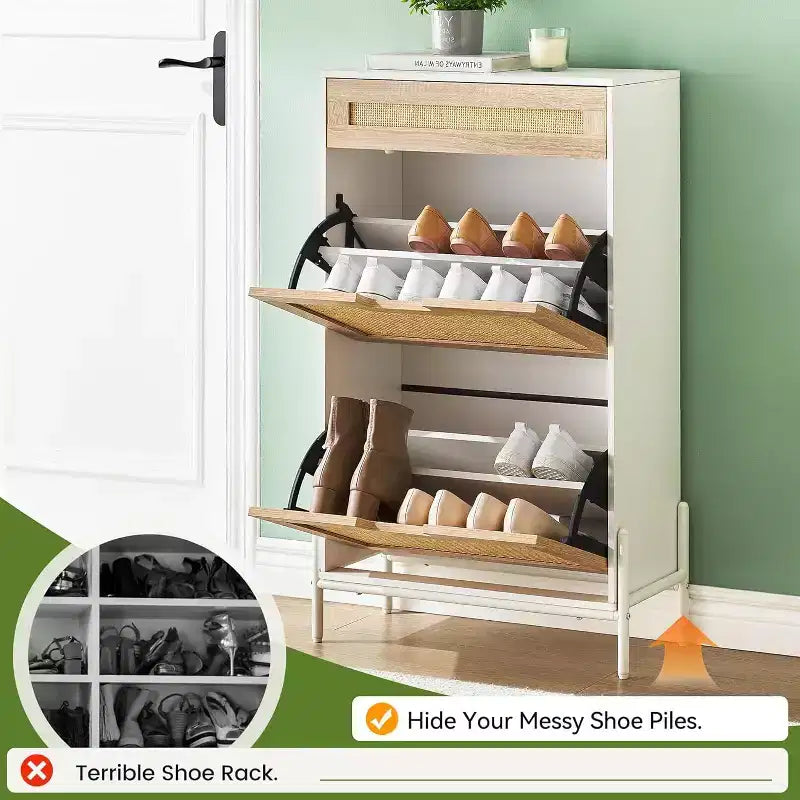 Meuble de rangement en rotin naturel avec 2 tiroirs basculants, étagères réglables et pieds en métal – Meuble à chaussures étroit pour entrée