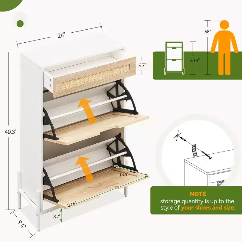 Meuble de rangement en rotin naturel avec 2 tiroirs basculants, étagères réglables et pieds en métal – Meuble à chaussures étroit pour entrée