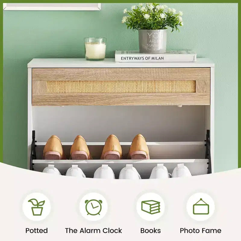 Meuble de rangement en rotin naturel avec 2 tiroirs basculants, étagères réglables et pieds en métal – Meuble à chaussures étroit pour entrée
