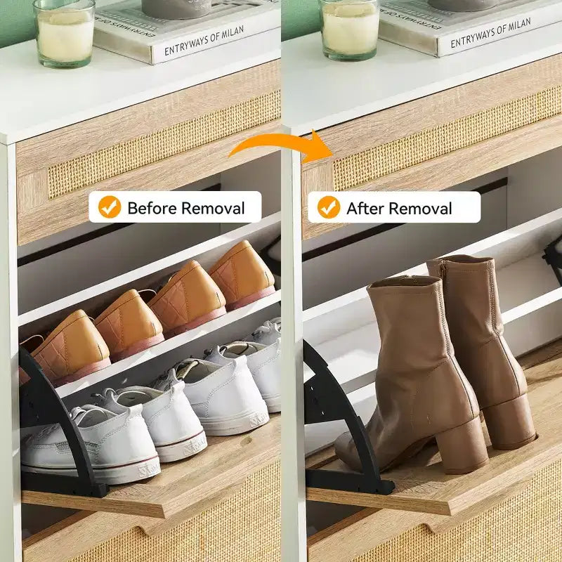 Meuble de rangement en rotin naturel avec 2 tiroirs basculants, étagères réglables et pieds en métal – Meuble à chaussures étroit pour entrée