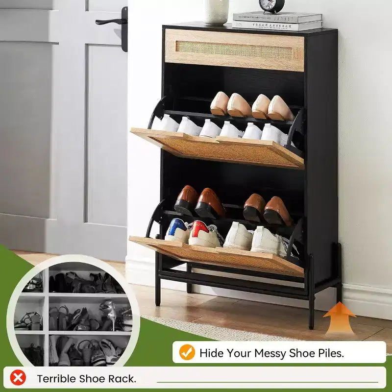 Meuble de rangement en rotin naturel avec 2 tiroirs basculants, étagères réglables et pieds en métal – Meuble à chaussures étroit pour entrée