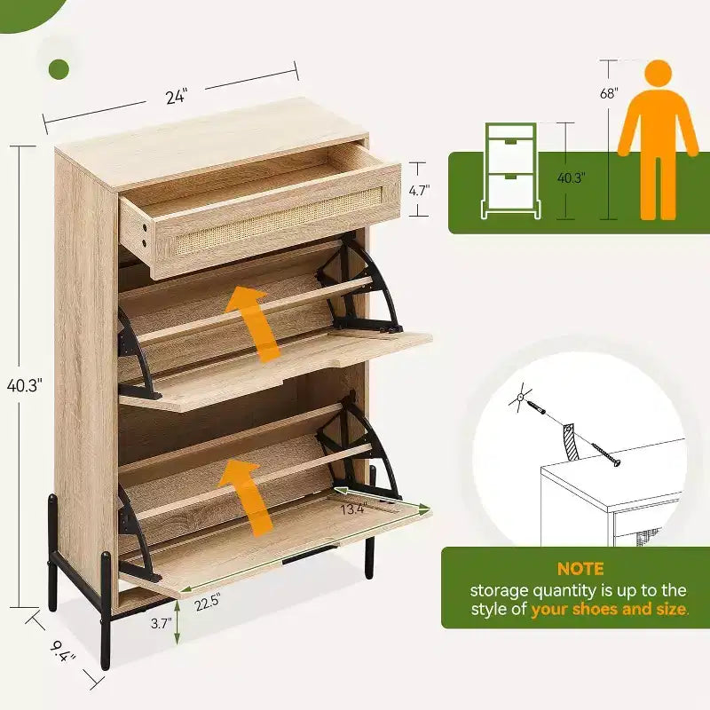 Meuble de rangement en rotin naturel avec 2 tiroirs basculants, étagères réglables et pieds en métal – Meuble à chaussures étroit pour entrée