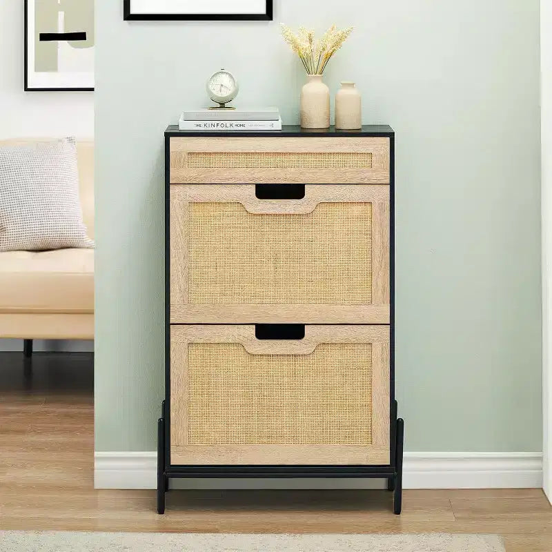 Acekool Natural Rattan Storage Cabinet with 2 Flip Drawers, Adjustable Shelves & Metal Legs, Slim Entryway Shoe Organizer