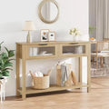 Rustic Wood Console Table with 2 Glass Drawers - Narrow 2-Tier Sofa Side Table - Open Storage Shelf for Living Room, Hallway, Foyer, Kitchen, Office