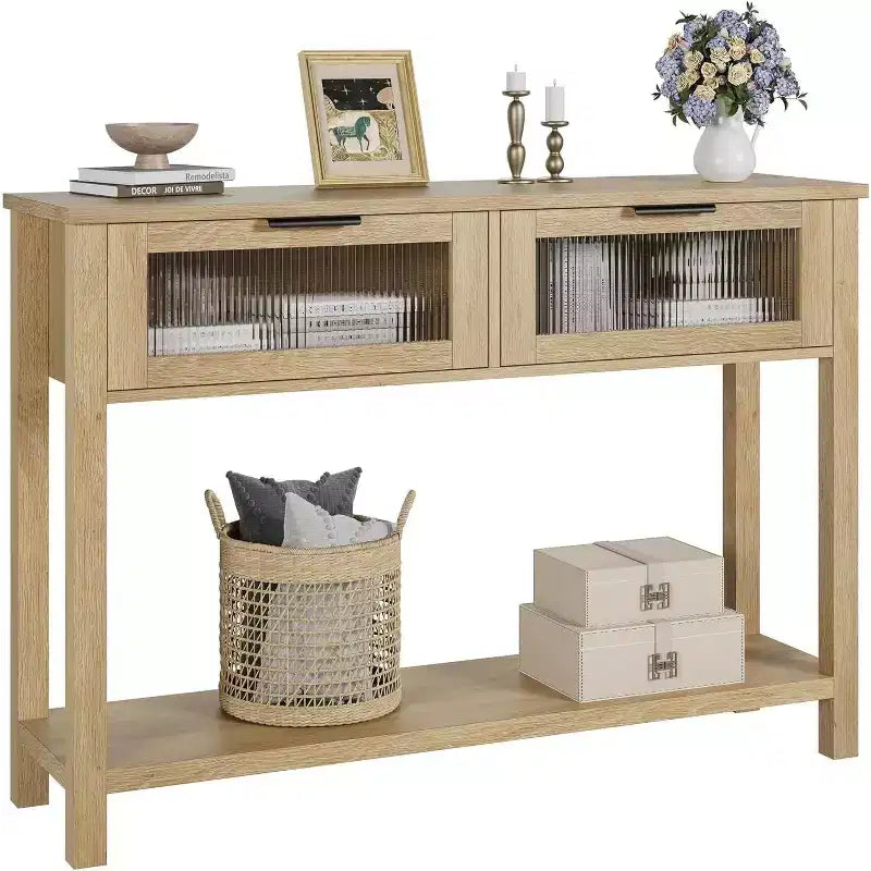 Console noire avec 2 tiroirs et étagère ouverte