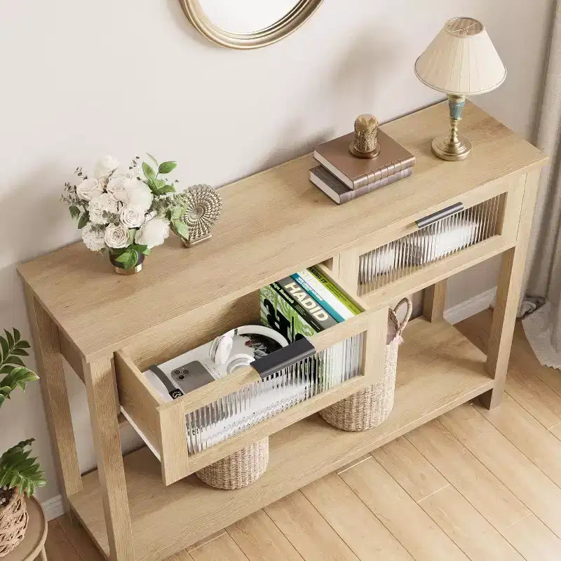 Console noire avec 2 tiroirs et étagère ouverte