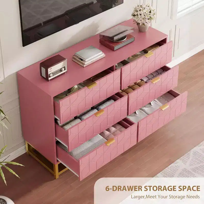 Commode à 6 tiroirs avec poignées dorées et longue armoire de rangement