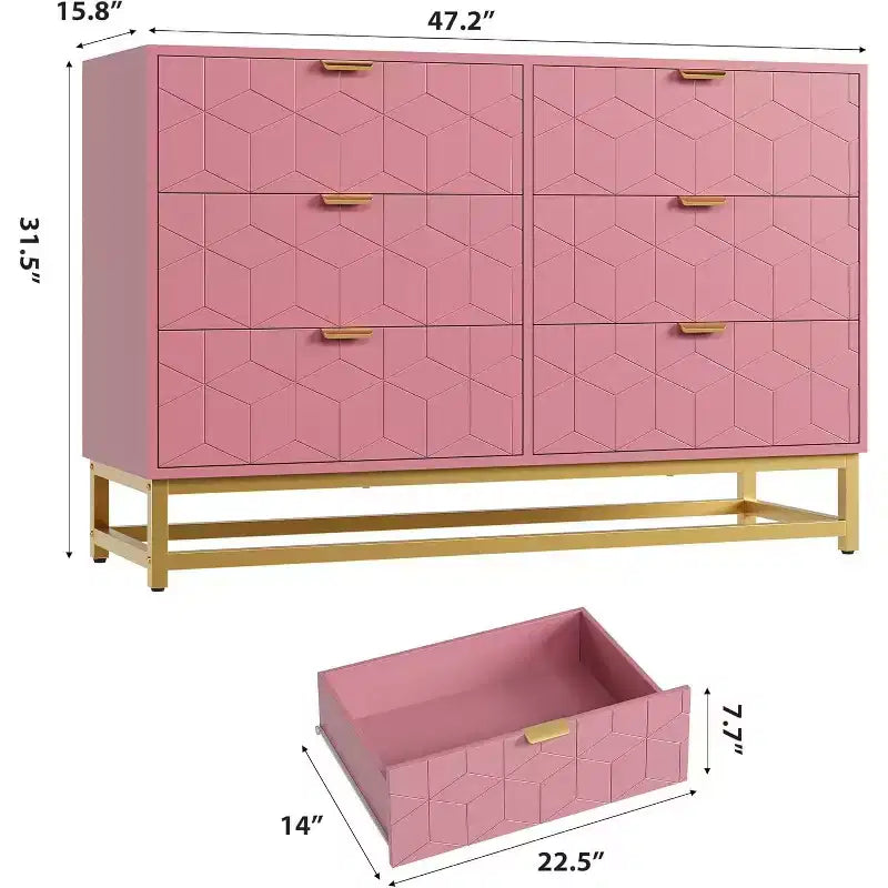 Commode à 6 tiroirs avec poignées dorées et longue armoire de rangement