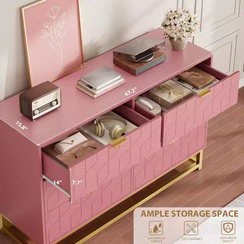 Commode à 6 tiroirs avec poignées dorées et longue armoire de rangement