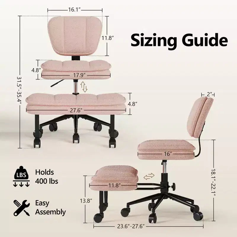 Chaise de bureau jambes croisées avec pouf - Siège large pivotant sans accoudoirs pour bureau à domicile et coiffeuse