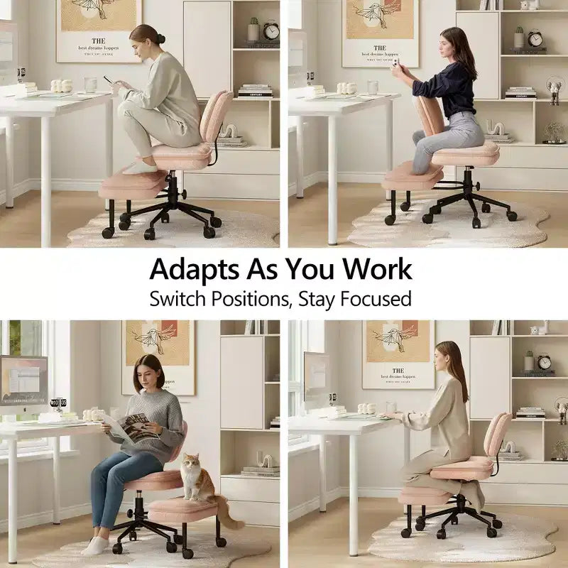 Chaise de bureau jambes croisées avec pouf - Siège large pivotant sans accoudoirs pour bureau à domicile et coiffeuse