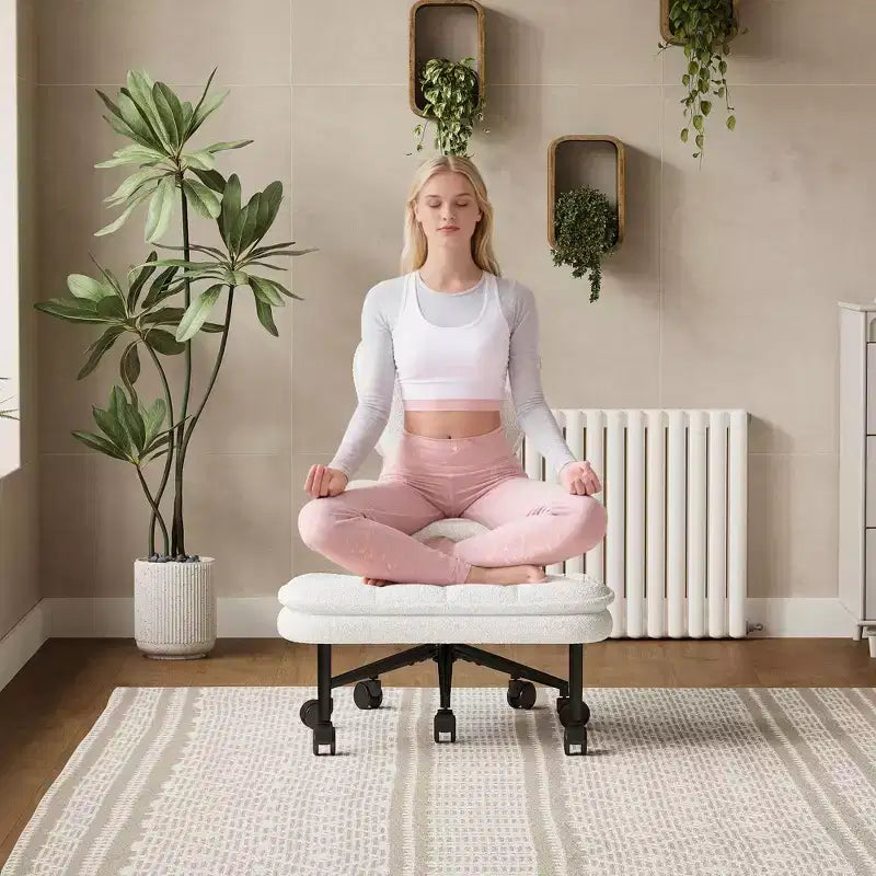 Chaise de bureau jambes croisées avec pouf - Siège large pivotant sans accoudoirs pour bureau à domicile et coiffeuse