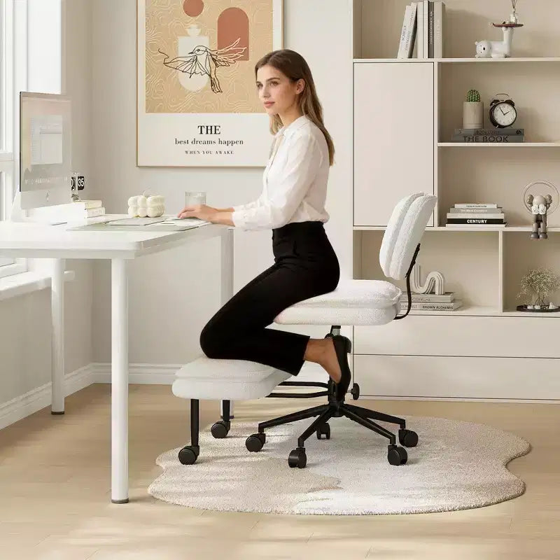 Chaise de bureau jambes croisées avec pouf - Siège large pivotant sans accoudoirs pour bureau à domicile et coiffeuse