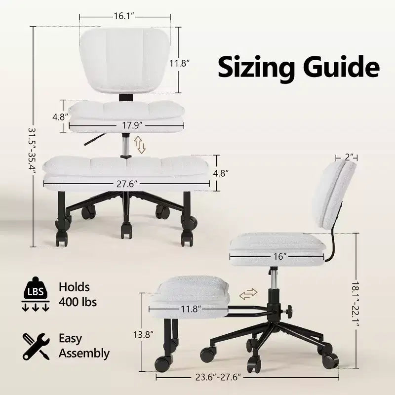 Chaise de bureau jambes croisées avec pouf - Siège large pivotant sans accoudoirs pour bureau à domicile et coiffeuse