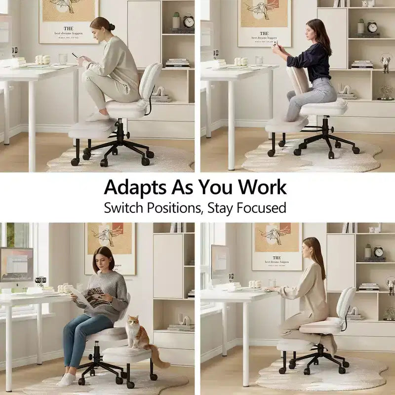 Chaise de bureau jambes croisées avec pouf - Siège large pivotant sans accoudoirs pour bureau à domicile et coiffeuse